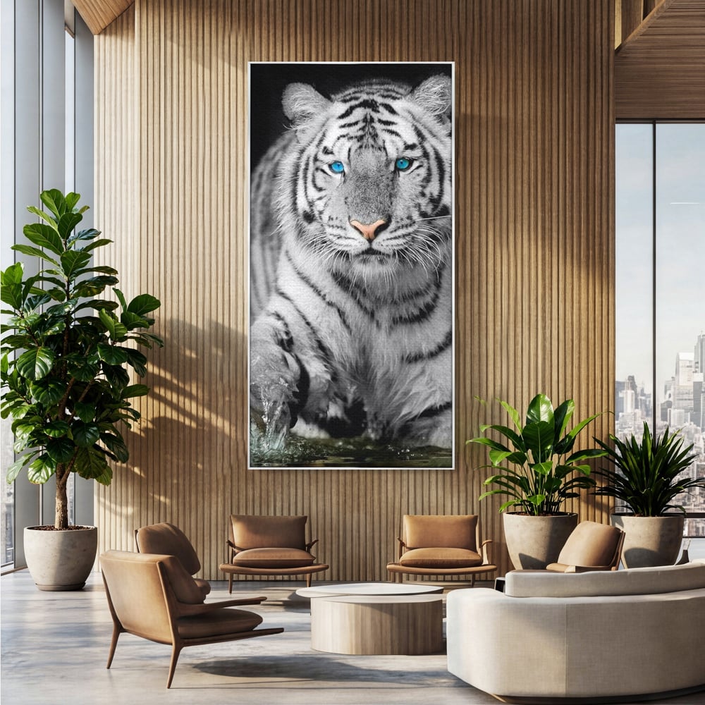 Tablou canvas cu tablou canvas cu tigru alb, in rama de aluminiu argintiu, pe perete intr-un birou